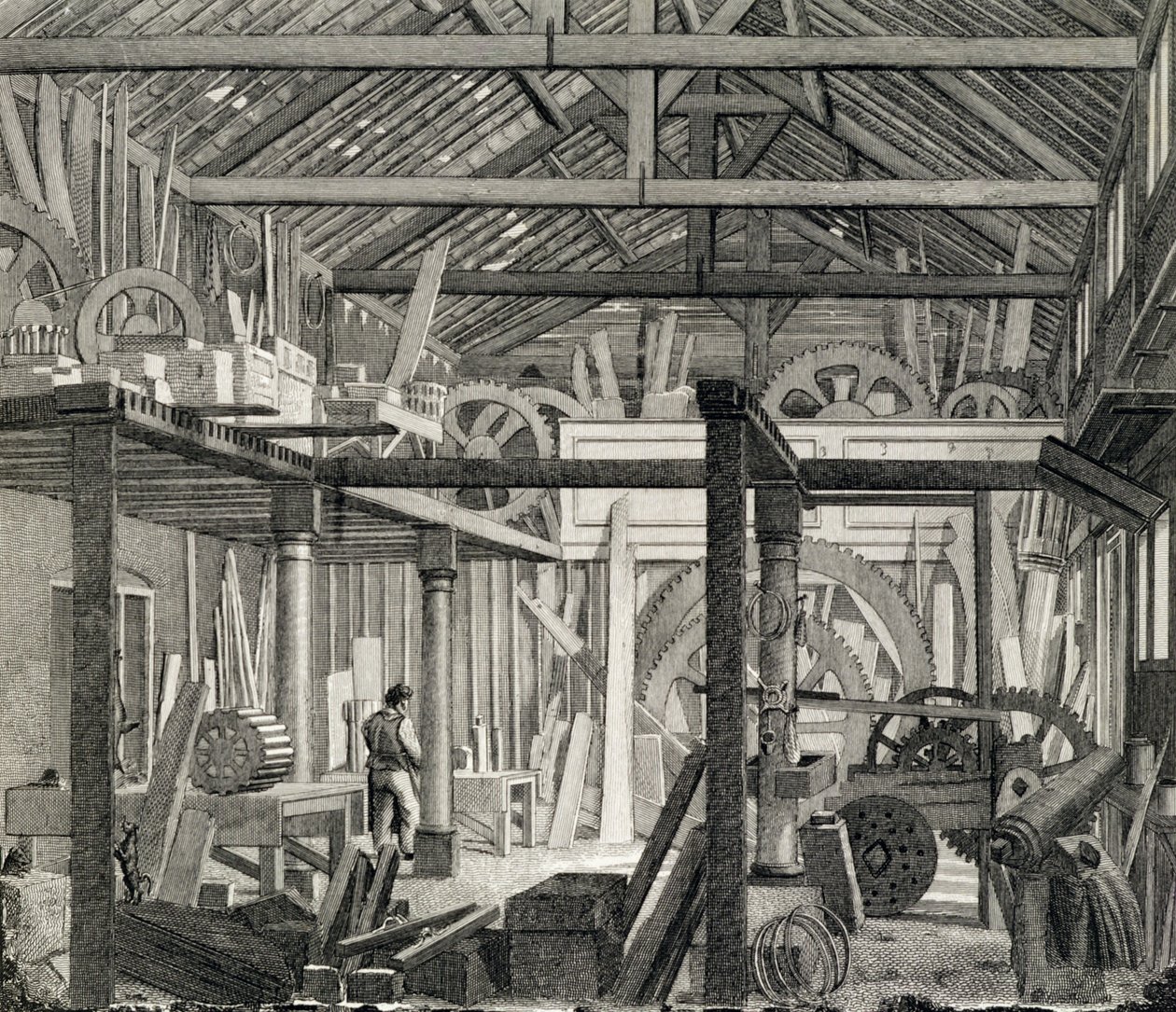 Vista interna della Casa di Riunione di John Bunyan in Zoar Street, Gravel Lane, Southwark, usata come officina e segheria, c.1822 da English School