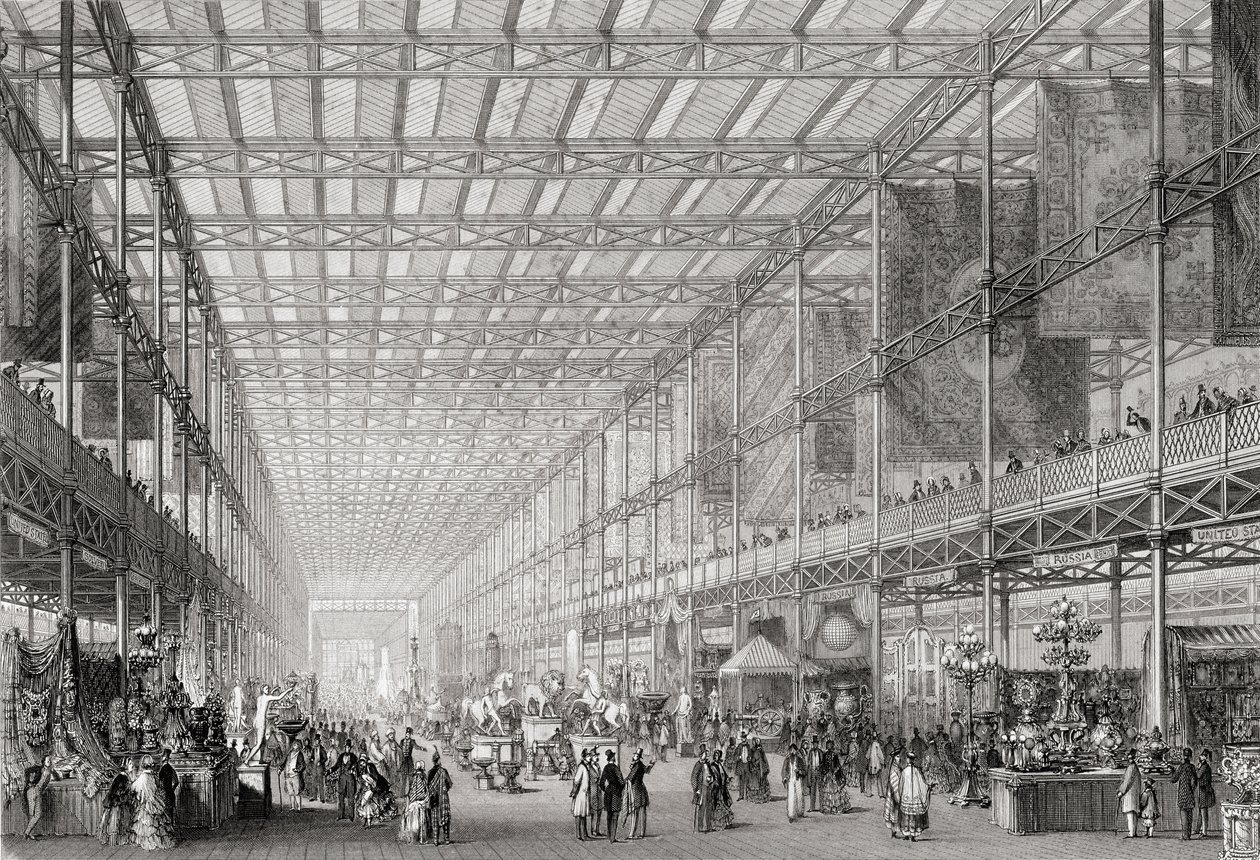 Interno della Grande Esposizione Industriale del 1851 a Hyde Park da Cyclopaedia of Useful Arts & Manufactures, a cura di Charles Tomlinson, c.1880s da English School