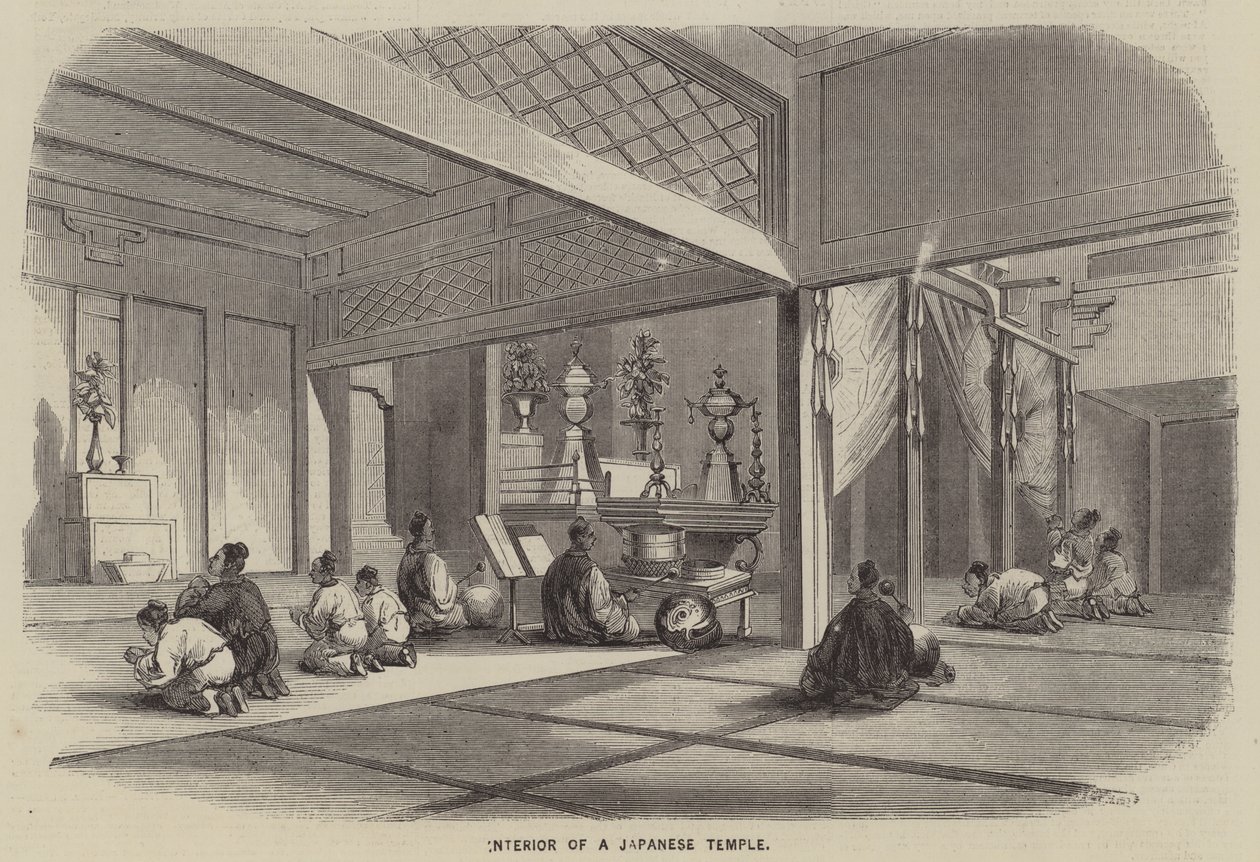 Interno di un tempio giapponese (incisione) da English School