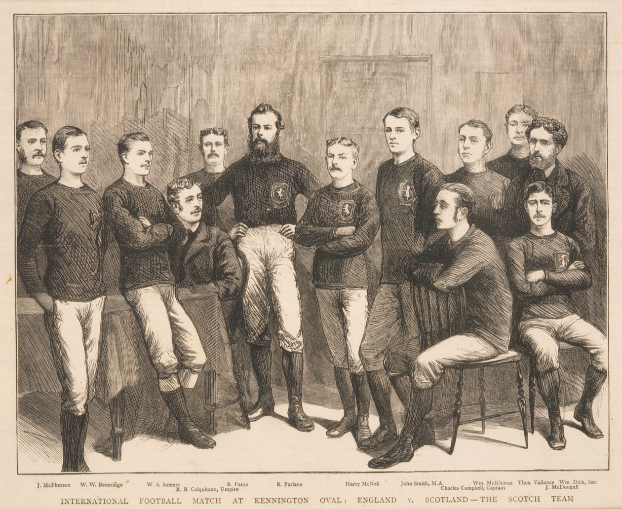 Partita Internazionale di Calcio al Kennington Oval: Inghilterra vs. Scozia - La Squadra Scozzese, da The Graphic, 1879 da English School