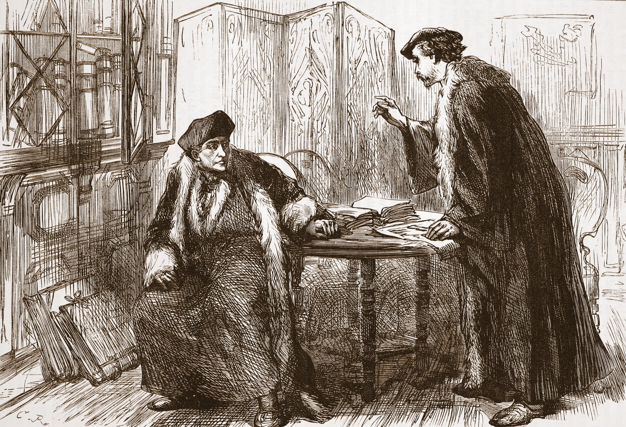 Incontro tra Erasmo e Calvino, illustrazione da La storia del protestantesimo di James Aitken Wylie (1808-1890), pub. 1878 da English School