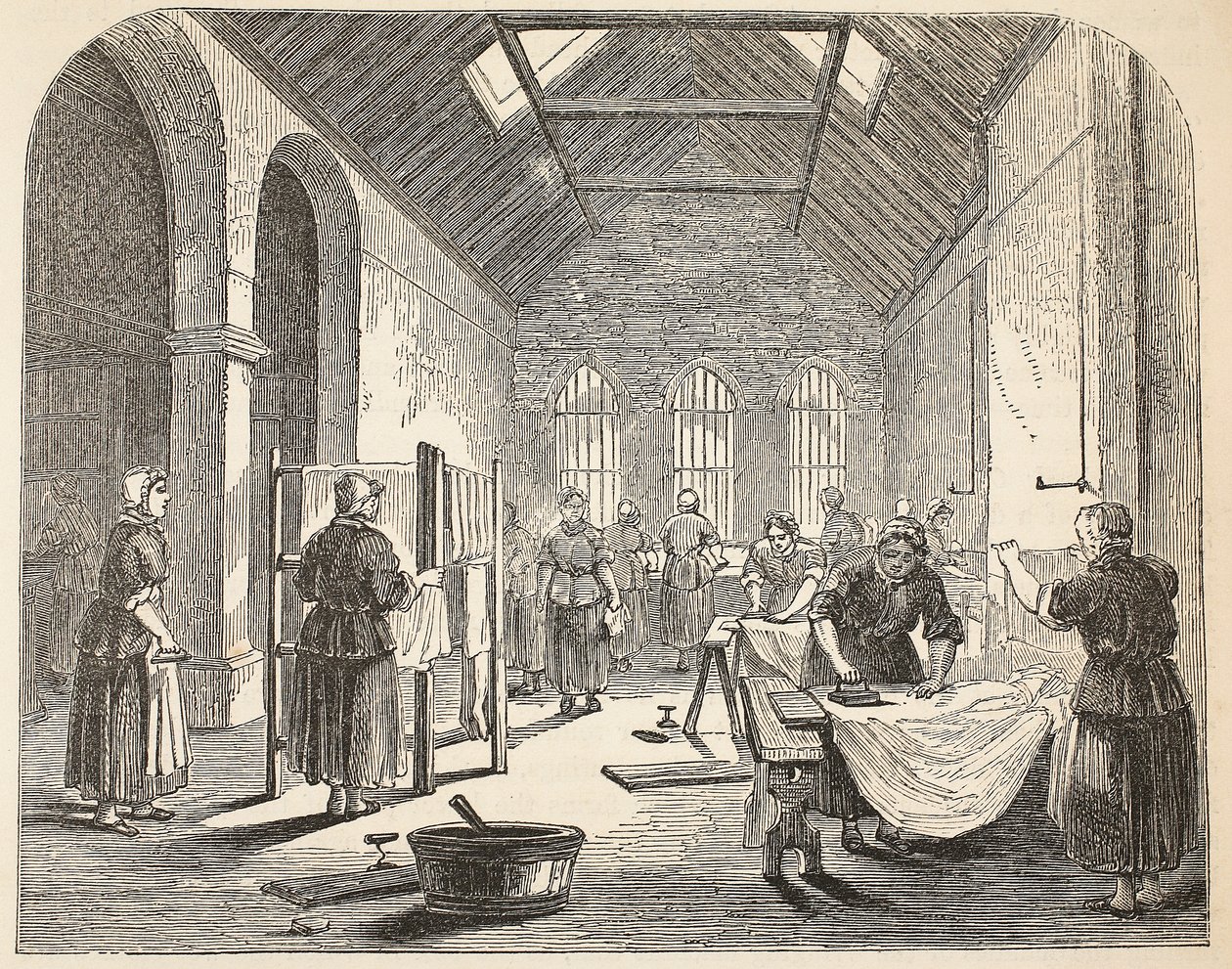 Stireria alla prigione di Brixton, illustrazione da The Criminal Prisons of London and Scenes from Prison Life di Henry Mayhew e John Binny, pub. 1862 da English School