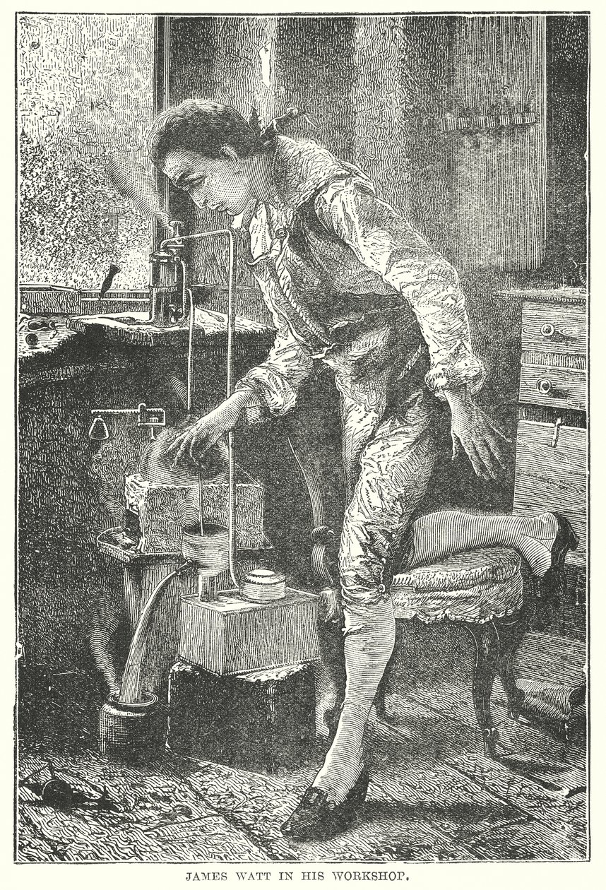James Watt nella sua officina (incisione) da English School