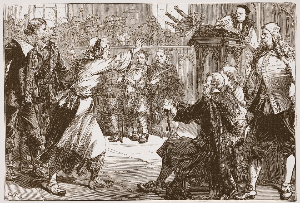 Janet Geddes che lancia il suo sgabello al Decano di Edimburgo, illustrazione da The History of Protestantism di James Aitken Wylie, pub. 1878 da English School