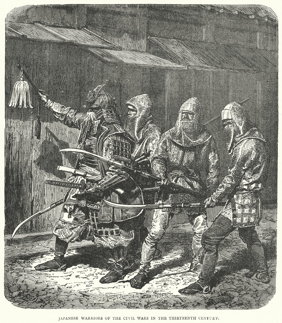 Guerrieri giapponesi delle guerre civili del XIII secolo (incisione) da English School