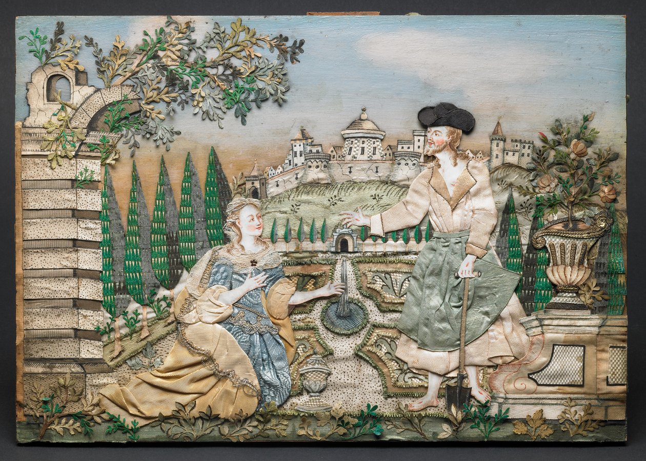 Gesù appare a Maria Maddalena (seta, carta, filato, paillettes, finiture metalliche, inchiostro e acquerello su legno) da English School