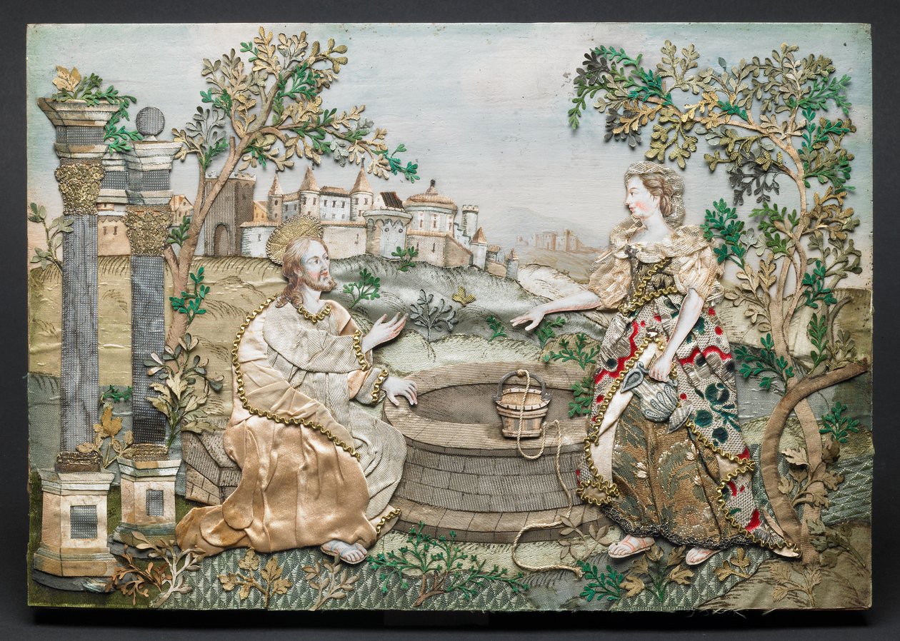 Gesù con la donna di Samaria (seta, carta, filati, paillettes, finiture metalliche, inchiostro e acquerello su legno) da English School