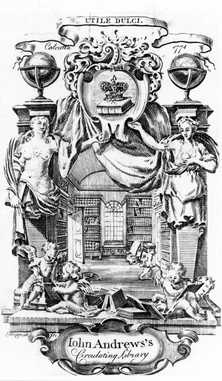Ex libris della biblioteca circolante di John Andrews di Joseph Shepperd, pubblicato a Calcutta, 1774 da English School