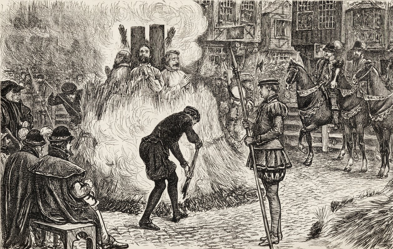 John Bland, John Frankesh, Nicholas Sheterden e Humphrey Middleton bruciati vivi per eresia nel XVI secolo, c.1865 (incisione su legno) da English School