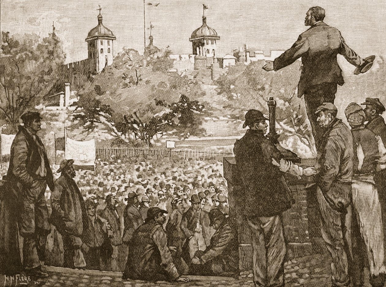 John Burns parla a una riunione di scaricatori di porto a Tower Hill, 1889, illustrazione da Cassells Illustrated History of England da English School
