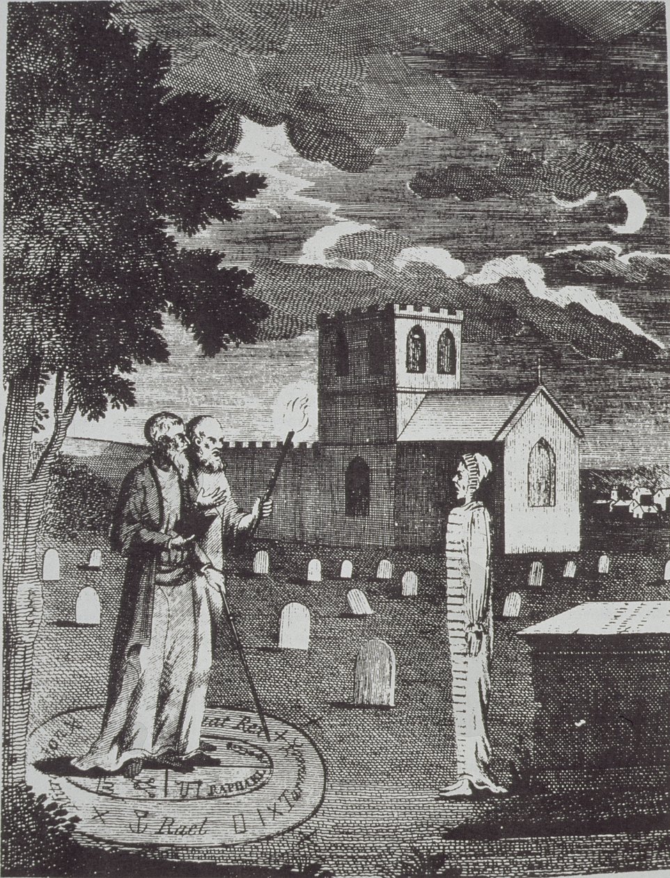 John Dee ed Edward Kelly che evocano i Morti, da una Storia della Magia, pubblicato alla fine del XIX secolo da English School