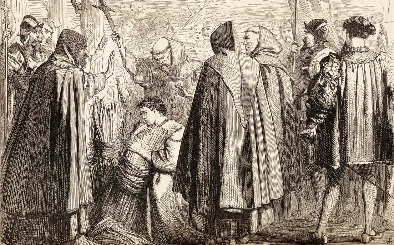 John Frith in procinto di essere bruciato sul rogo per eresia nel 1533, c.1865 da English School