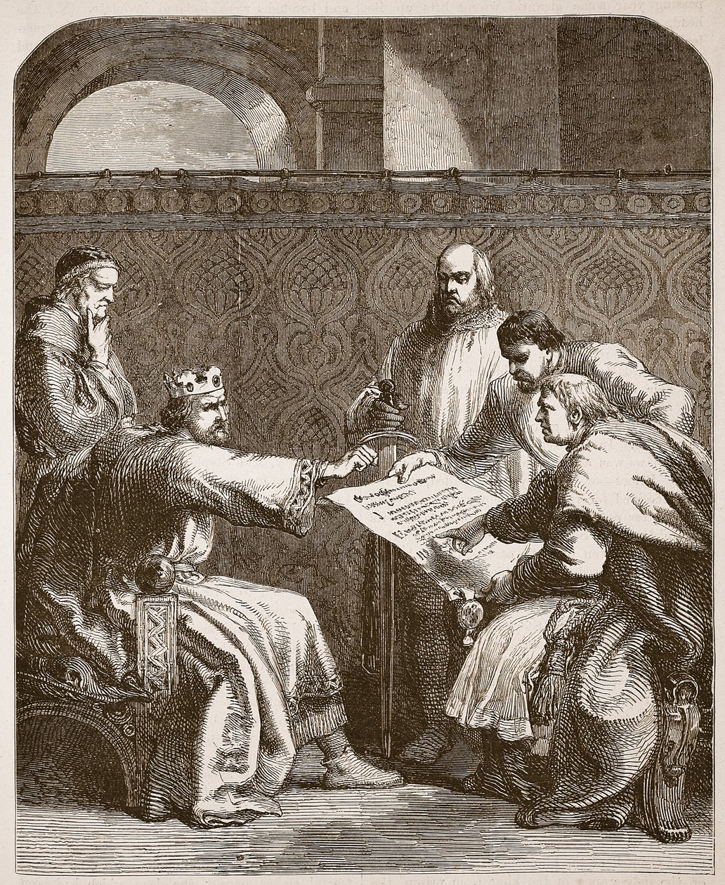 Giovanni che rifiuta di firmare gli articoli dei baroni, illustrazione da Cassells Illustrated History of England da English School