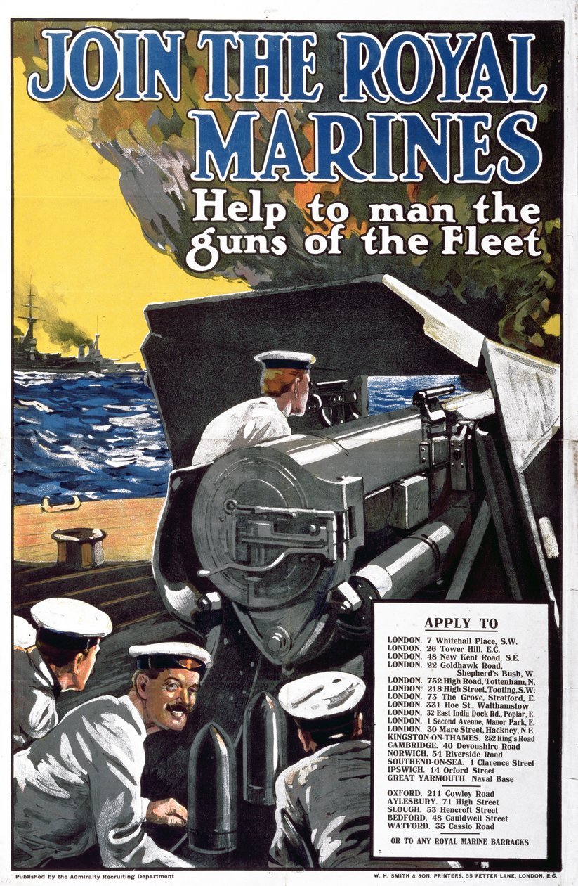 Unisciti ai Royal Marines - Aiuta a manovrare i cannoni della flotta, manifesto di reclutamento della Prima Guerra Mondiale da English School