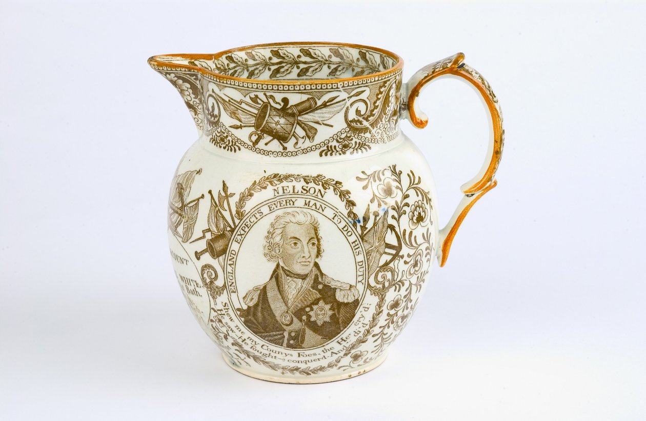 Brocca con disegni a trasferimento che commemorano le battaglie e gli onori di Horatio Nelson (1758-1805) c.1805 da English School