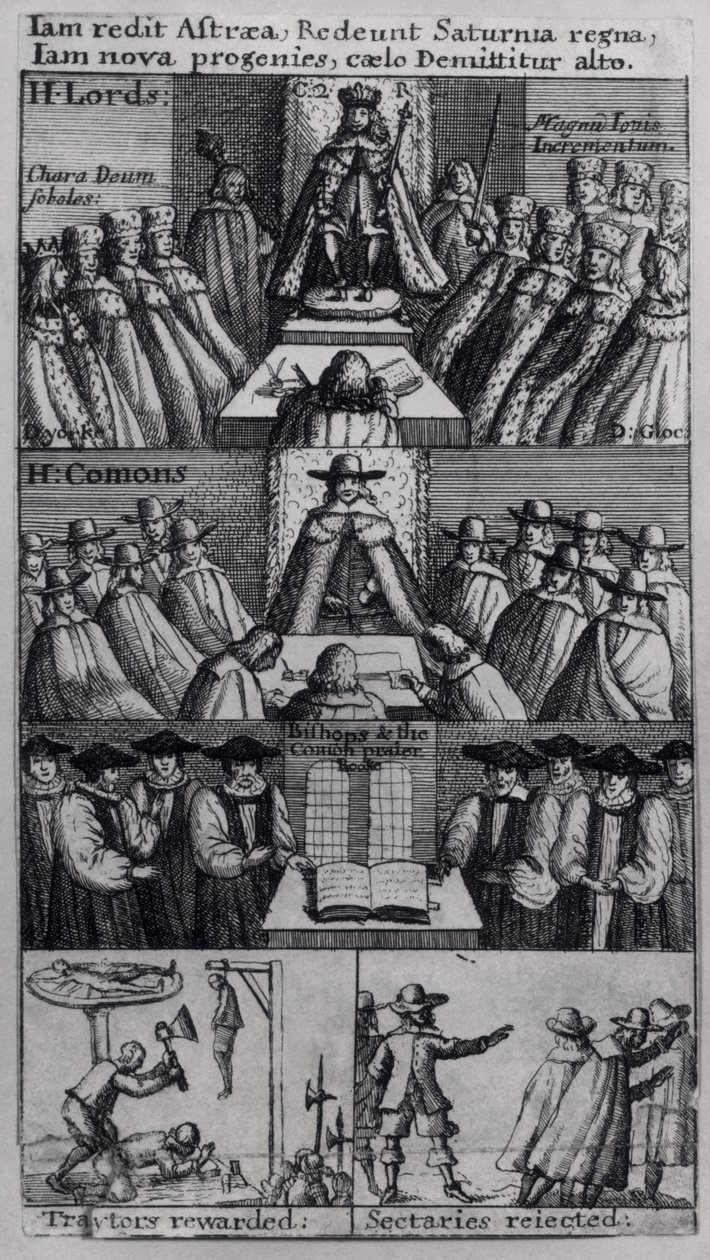 Re Carlo II (1630-85) con le Case del Parlamento, 1660 da English School