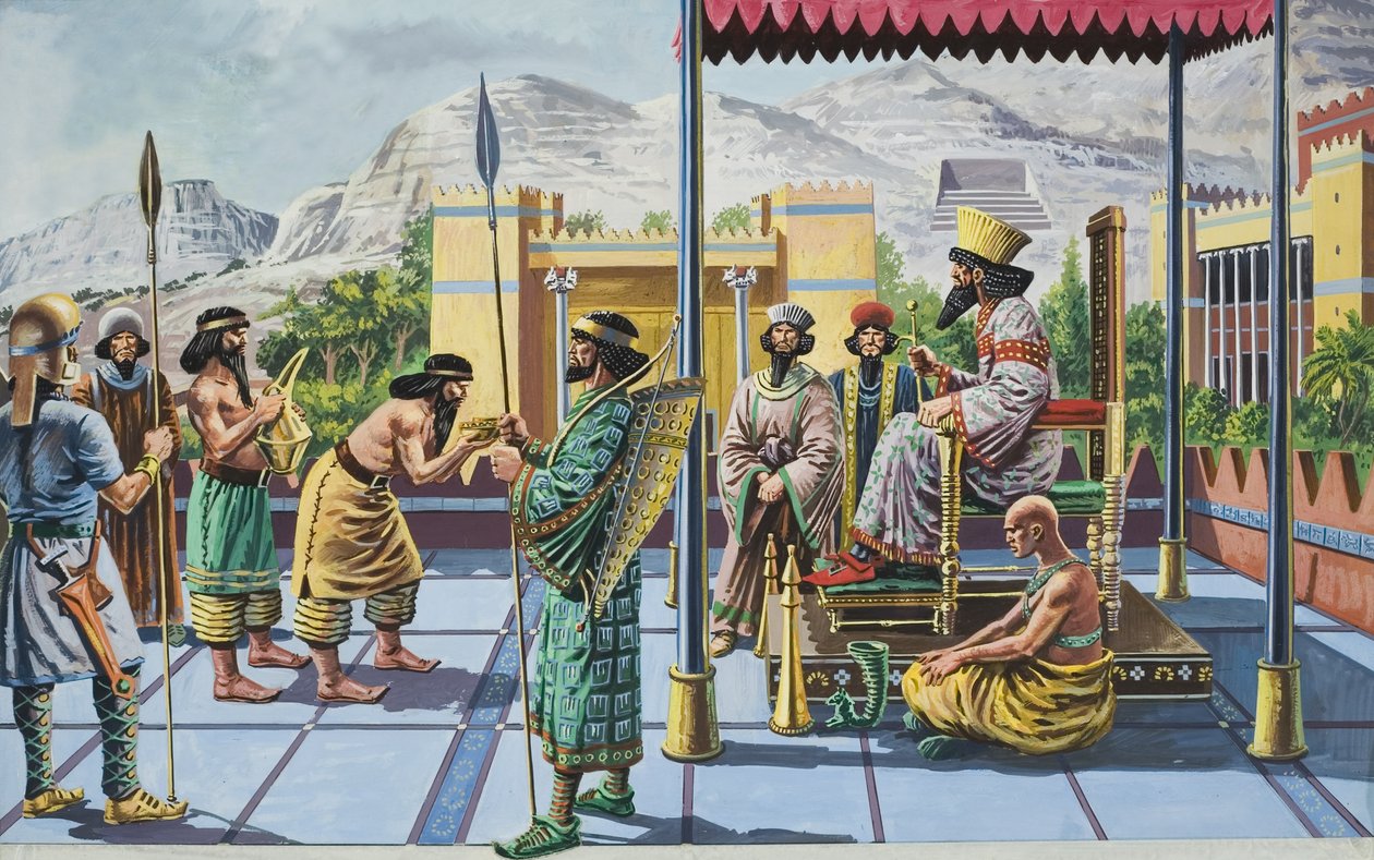 Il re Dario I (550-486 a.C. circa) riceve doni in uno dei suoi palazzi (gouache su carta) da English School