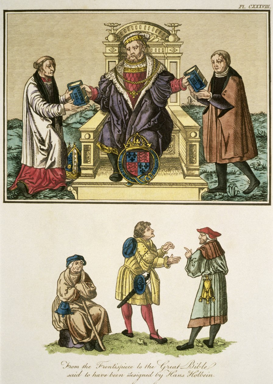 Re Enrico VIII dal frontespizio della Grande Bibbia, detto essere stato progettato da Hans Holbein, illustrazione da The Complete View of the Dress and Habits of the People of England Volume II da English School