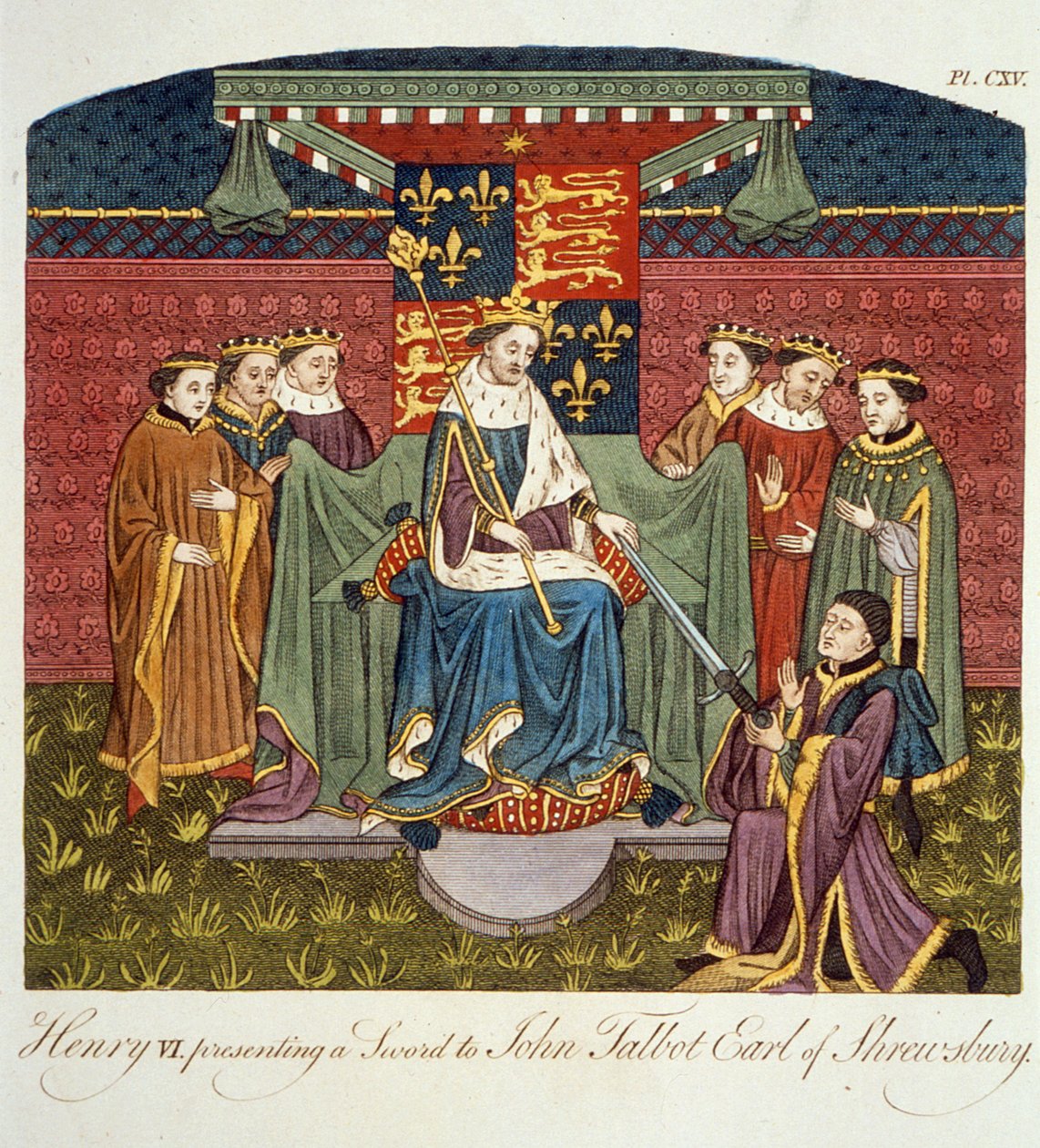 Re Enrico VI che presenta una spada a John Talbot, Conte di Shrewsbury, illustrazione da The Complete View of the Dress and Habits of the People of England Volume II, pubblicato 1799 da English School