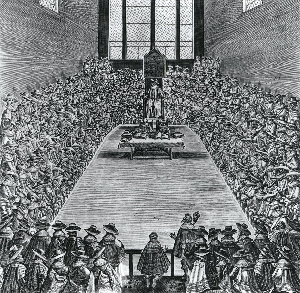 Re Giacomo I (1566-1625) nelle Case del Parlamento, 1624 da English School