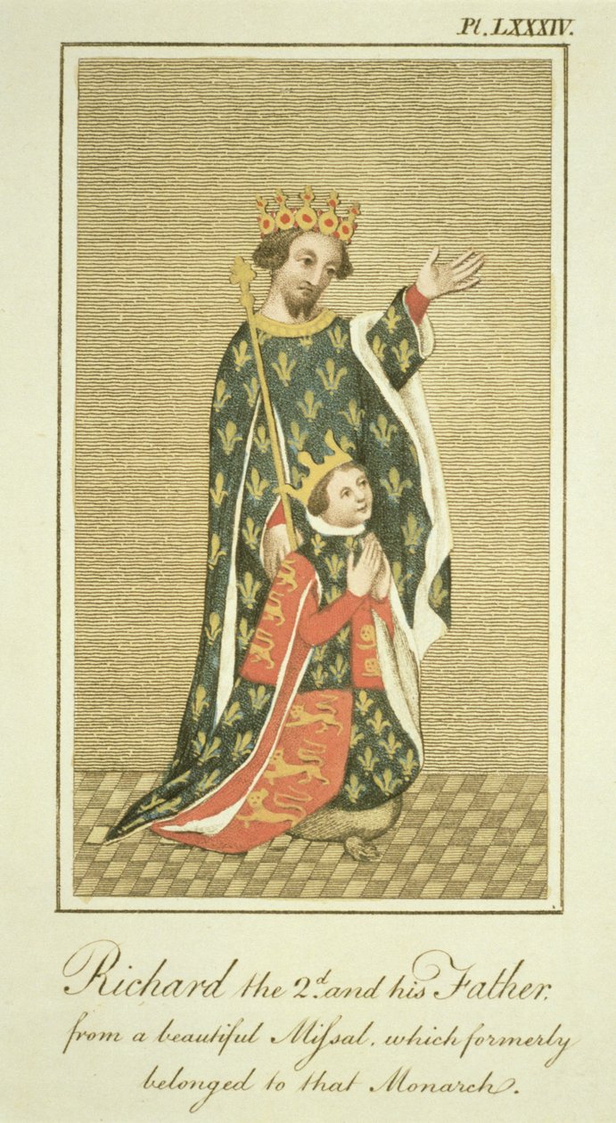 Re Riccardo II con suo padre Edoardo, il Principe Nero, illustrazione da The Complete View of the Dress and Habits of the People of England Volume II, pubblicato 1799 da English School