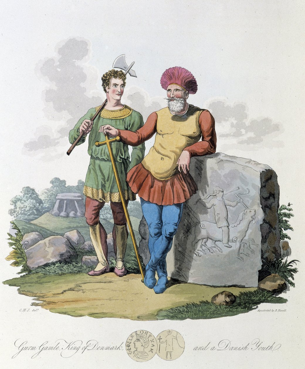Re di Danimarca e giovane danese - in "Celti e Goti, costumi degli abitanti delle Isole Britanniche del primo VI secolo e delle nazioni gotiche della costa occidentale del Baltico", di S.R. Meyrick e Ch. Smith da English School