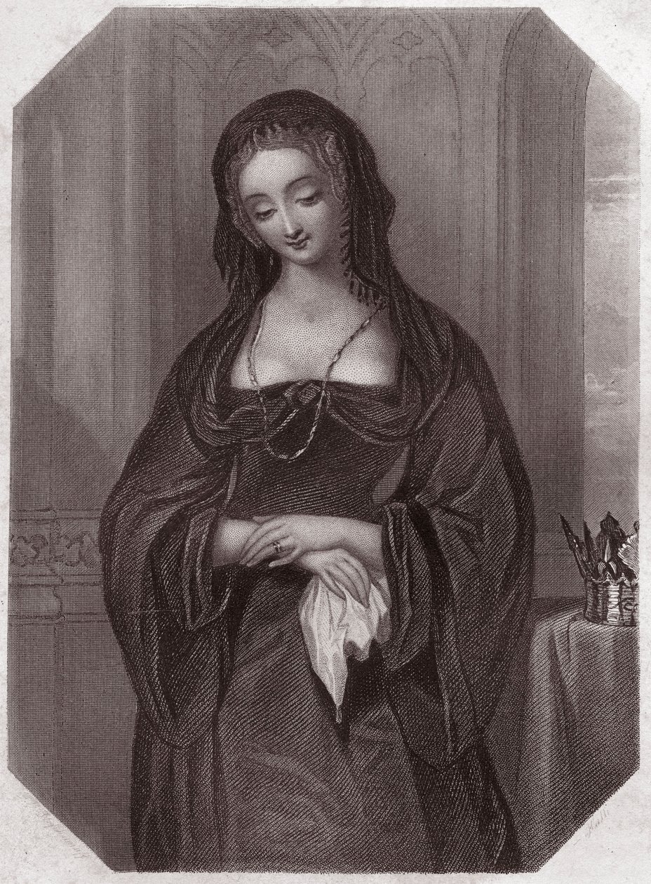 Lady Grey (Enrico VI) (Elizabeth Woodville) in - "Galleria delle donne di Shakespeare, collezione di quarantacinque ritratti seri dei primi artisti londinesi, arricchita di avvisi critici e letterari" circa 1838 - da "Galleria delle donne di Shakespeare, C da English School