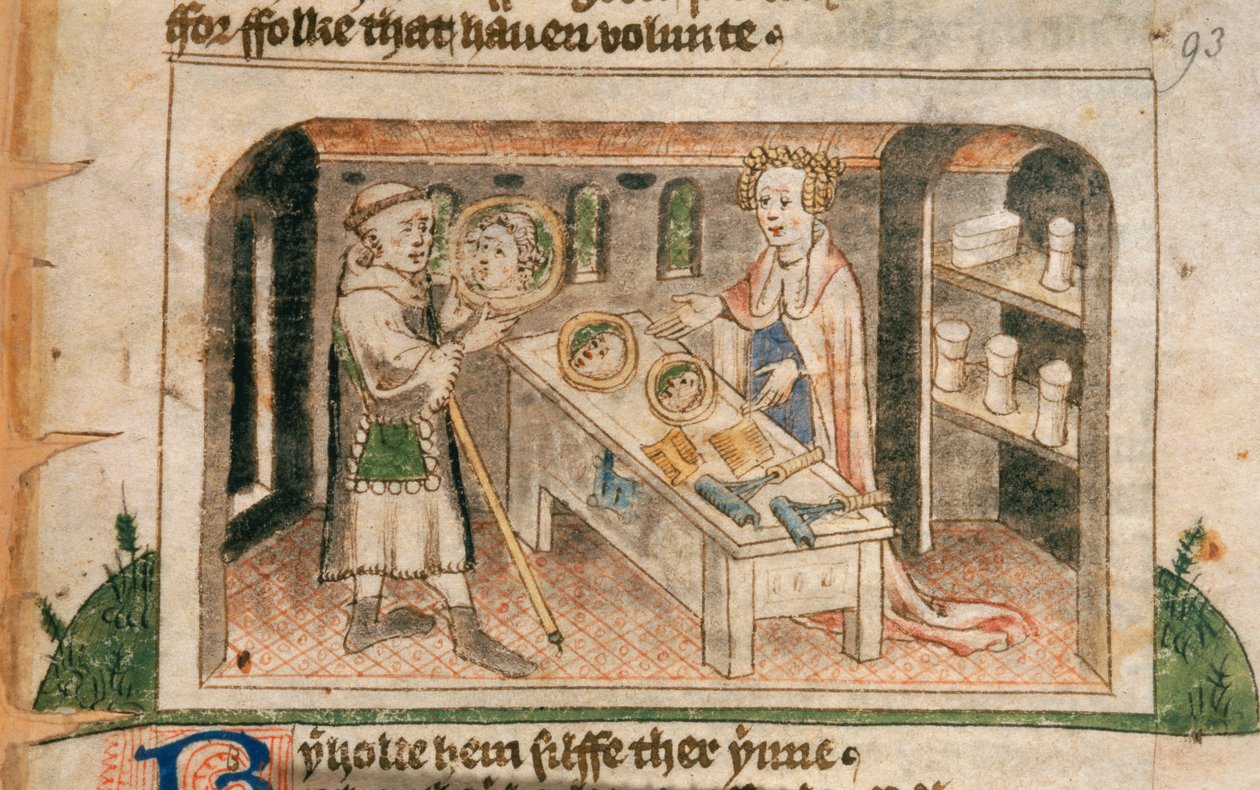 Una pellegrina mostra i suoi unguenti e articoli da toeletta, illustrazione dalla traduzione inglese del 