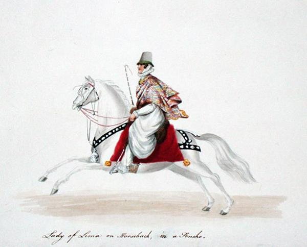 Signora di Lima a Cavallo con un Poncho da English School