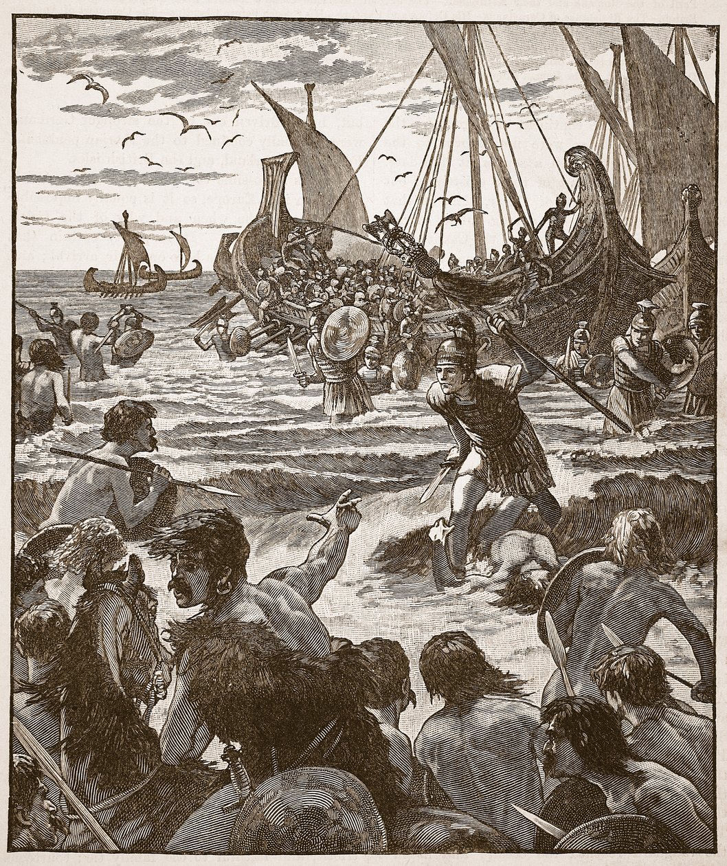 Sbarco dei Romani sulla costa del Kent, illustrazione da Cassells Illustrated History of England da English School