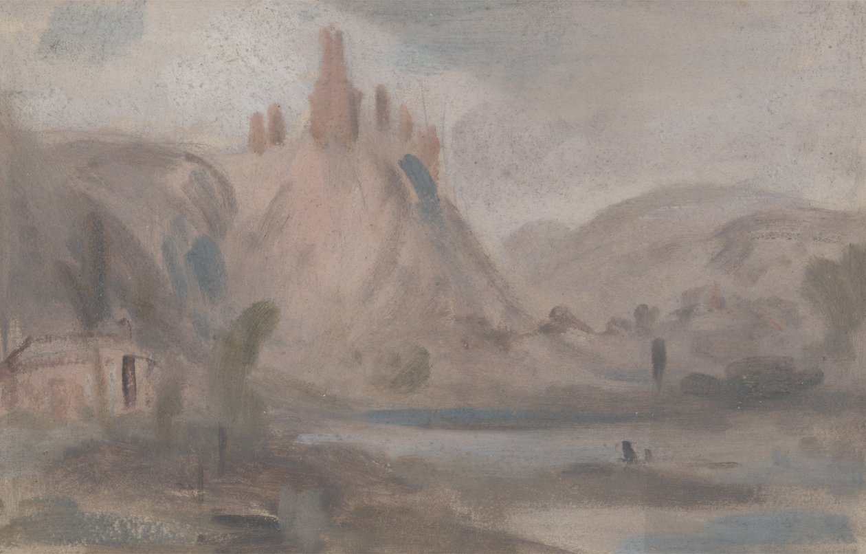 Paesaggio con un castello su una collina, precedentemente attribuito a J.M.W. Turner (1775-1851) e anche attribuito a Peter de Wint (1784-1849) da English School