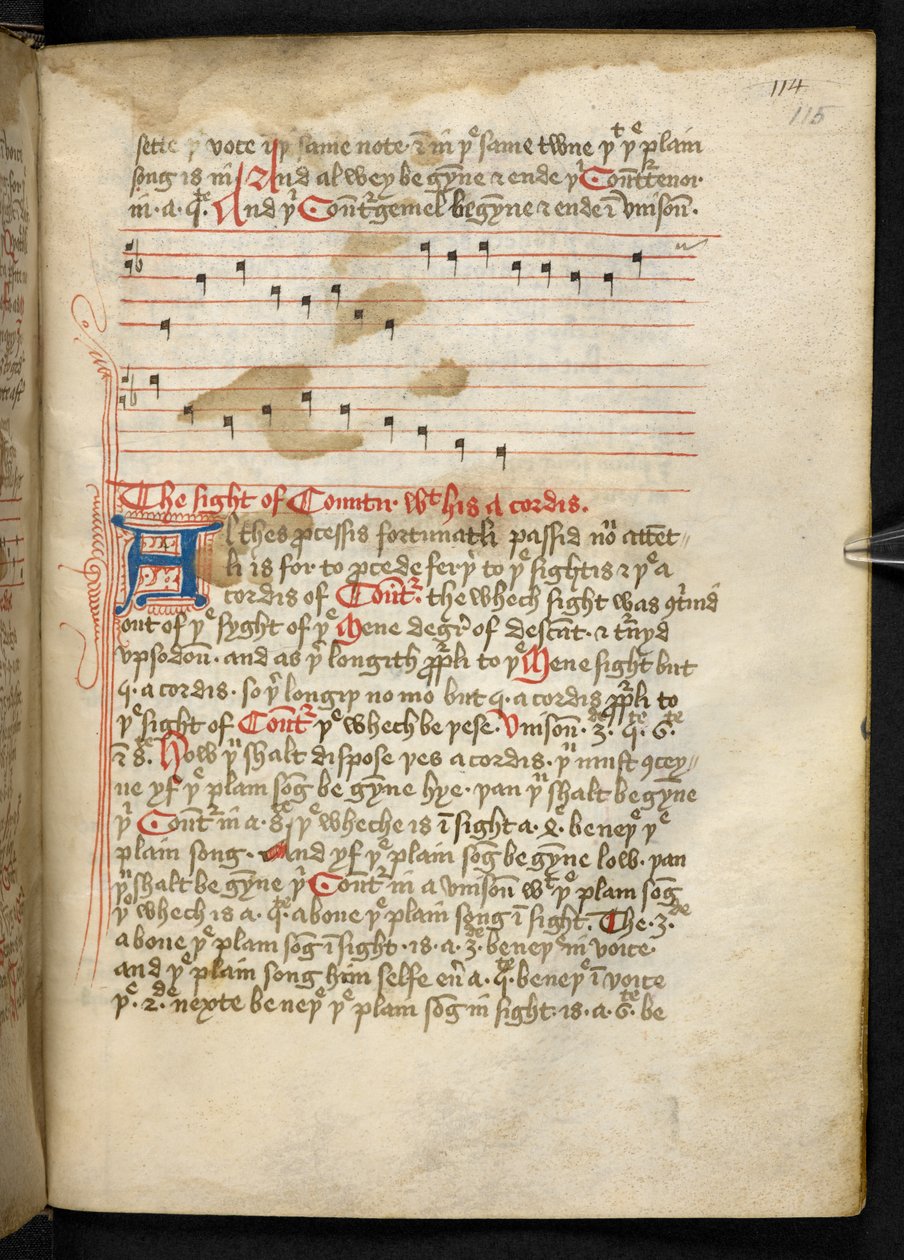 Lansdowne 763, f.115r, Un volume scritto su pergamena nel XV secolo, contenente antichi e interessanti trattati di musica di diversi autori da English School