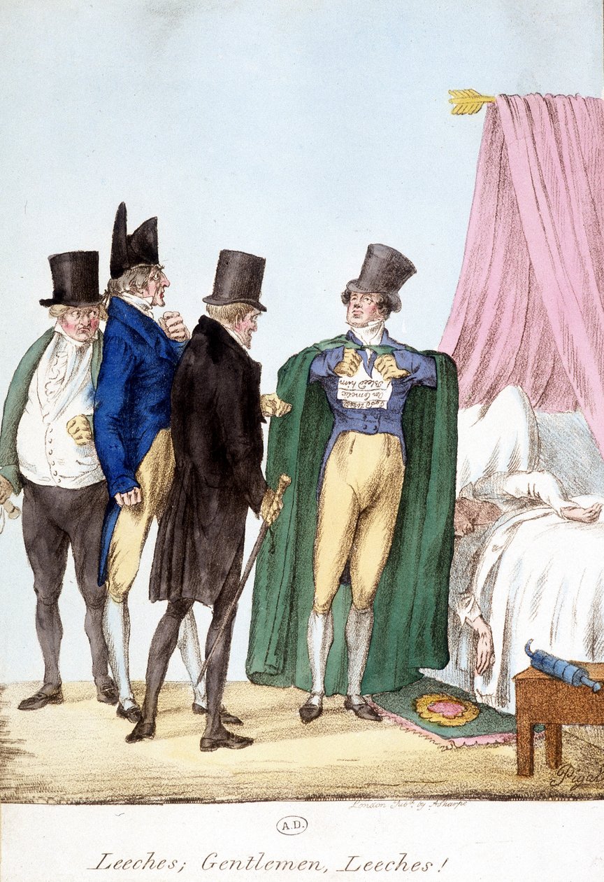 Sanguisughe, Signori, sanguisughe: disegno umoristico inglese su un medico sicuro di sé, con un malato malato da English School