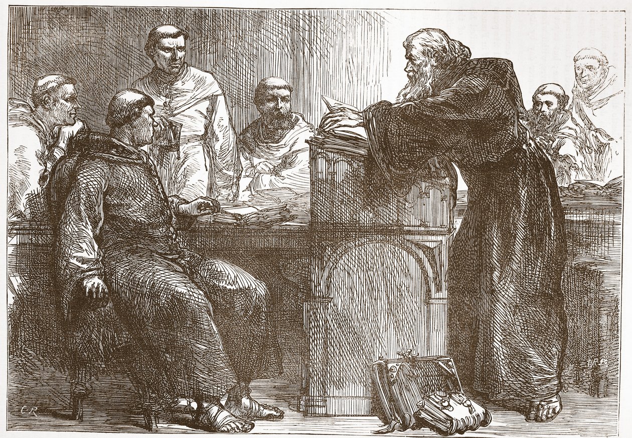 Lefevre che tiene una lezione alla Sorbona, illustrazione da The History of Protestantism di James Aitken Wylie, pub. 1878 da English School