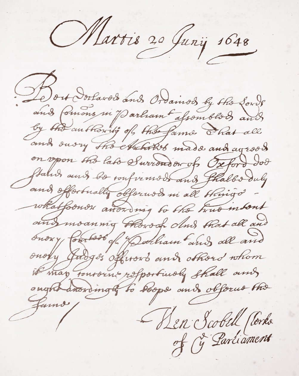 Lettera di Henry Scobell, 20 giugno 1648 da English School