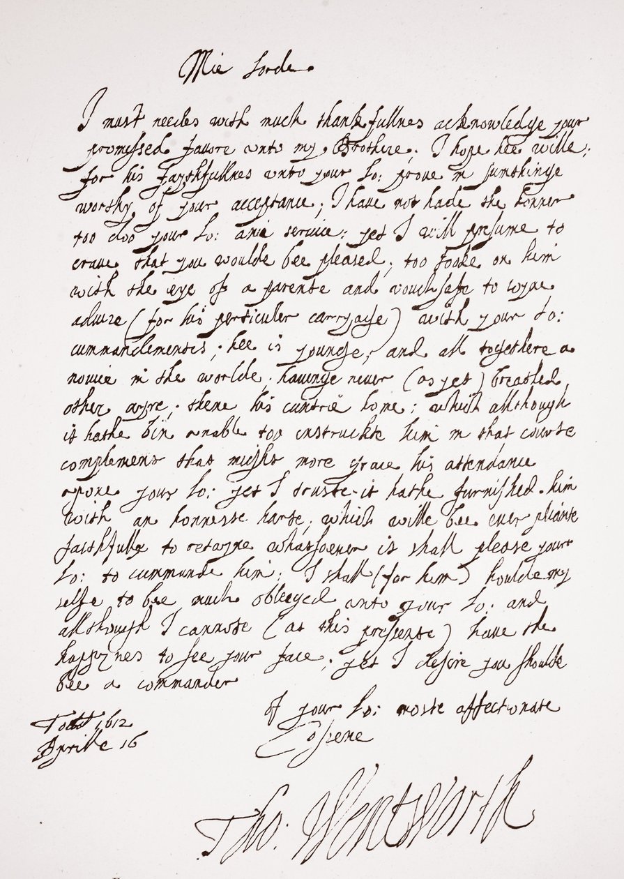 Lettera di Thomas Wentworth, 16 aprile 1612 da English School