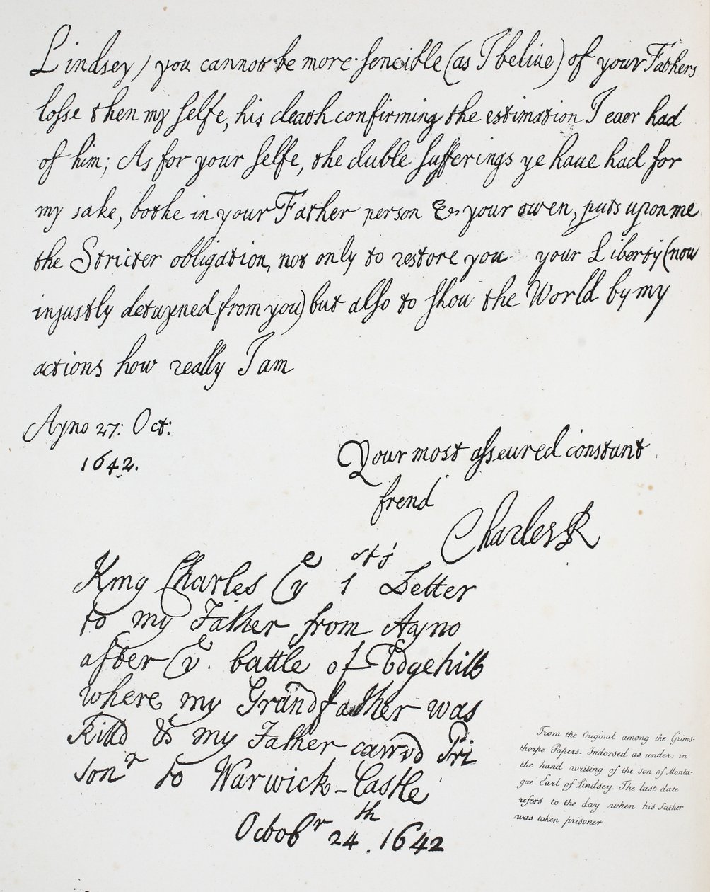 Lettera di Carlo II a Montague, conte di Lindsey, 27 ottobre 1642 da English School