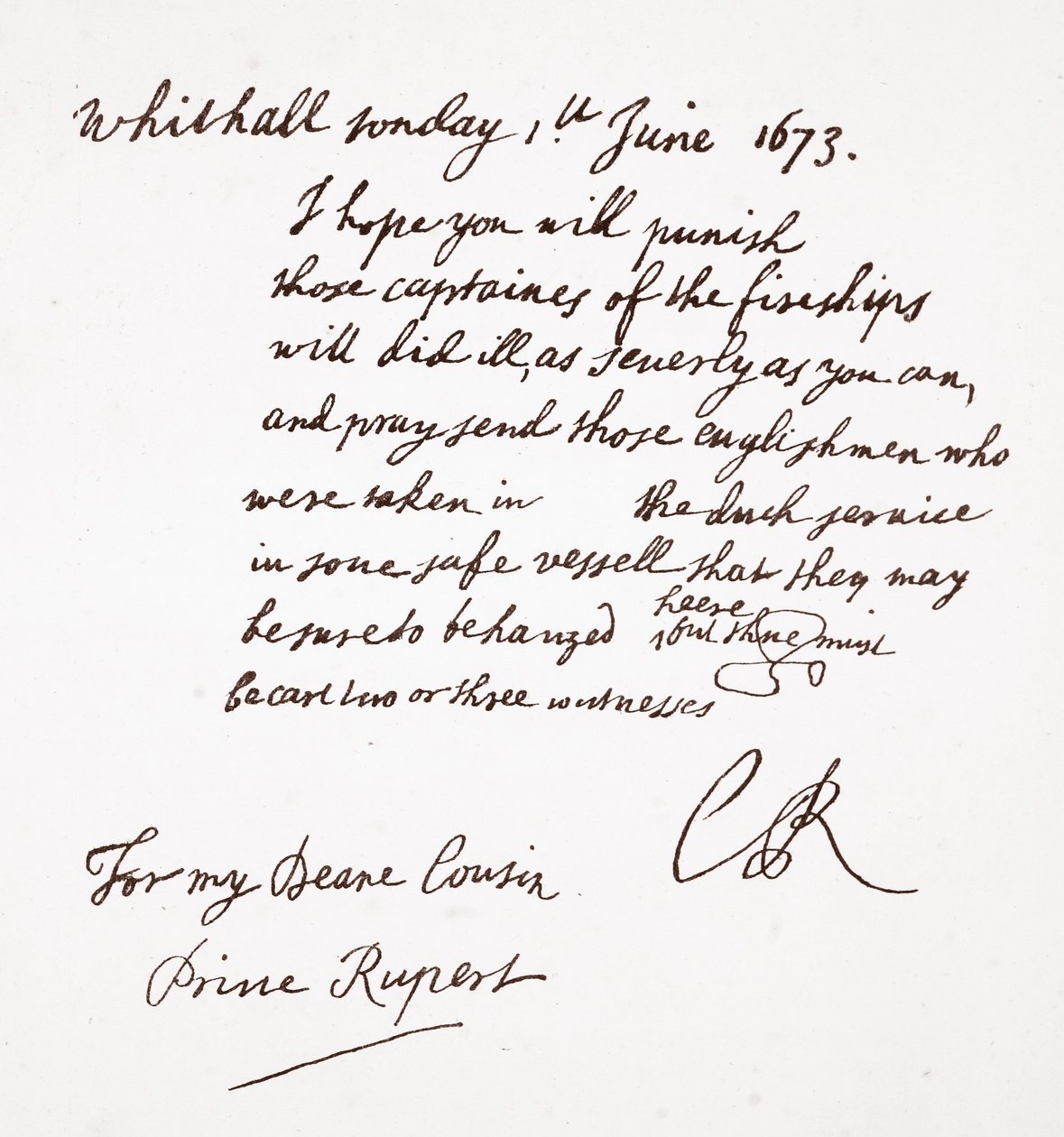 Lettera di Carlo II al principe Rupert, 1 giugno 1673 da English School