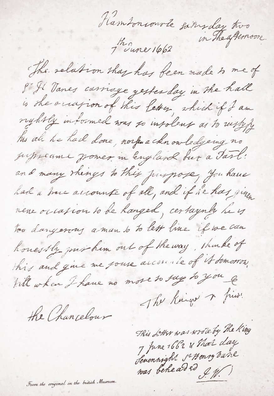 Lettera di Carlo II al cancelliere Lord Clarendon, 7 giugno 1662 da English School