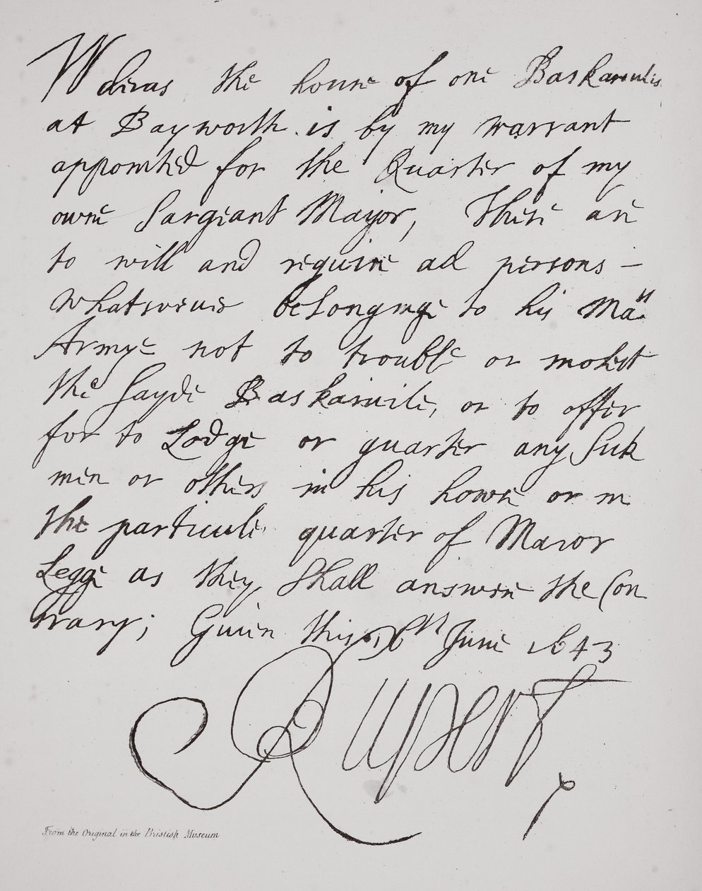 Lettera del principe Rupert, giugno 1643 da English School