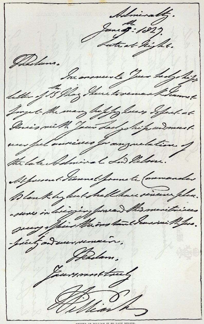 Lettera di Guglielmo IV a Lady Nelson, 1827, pubblicata in 