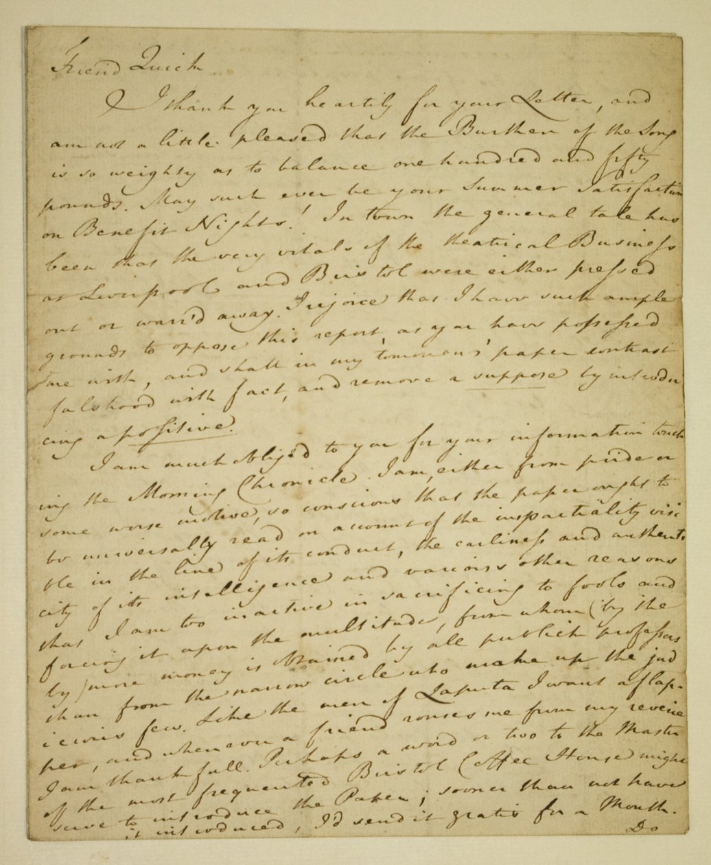 Lettera di William Woodfall (1746-1803) all