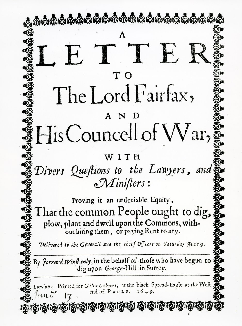 Lettera a Lord Fairfax da Gerrard Winstanley (c.1609-60) per conto dei Diggers a St. George Hill, Surrey, stampata nel 1649 da English School