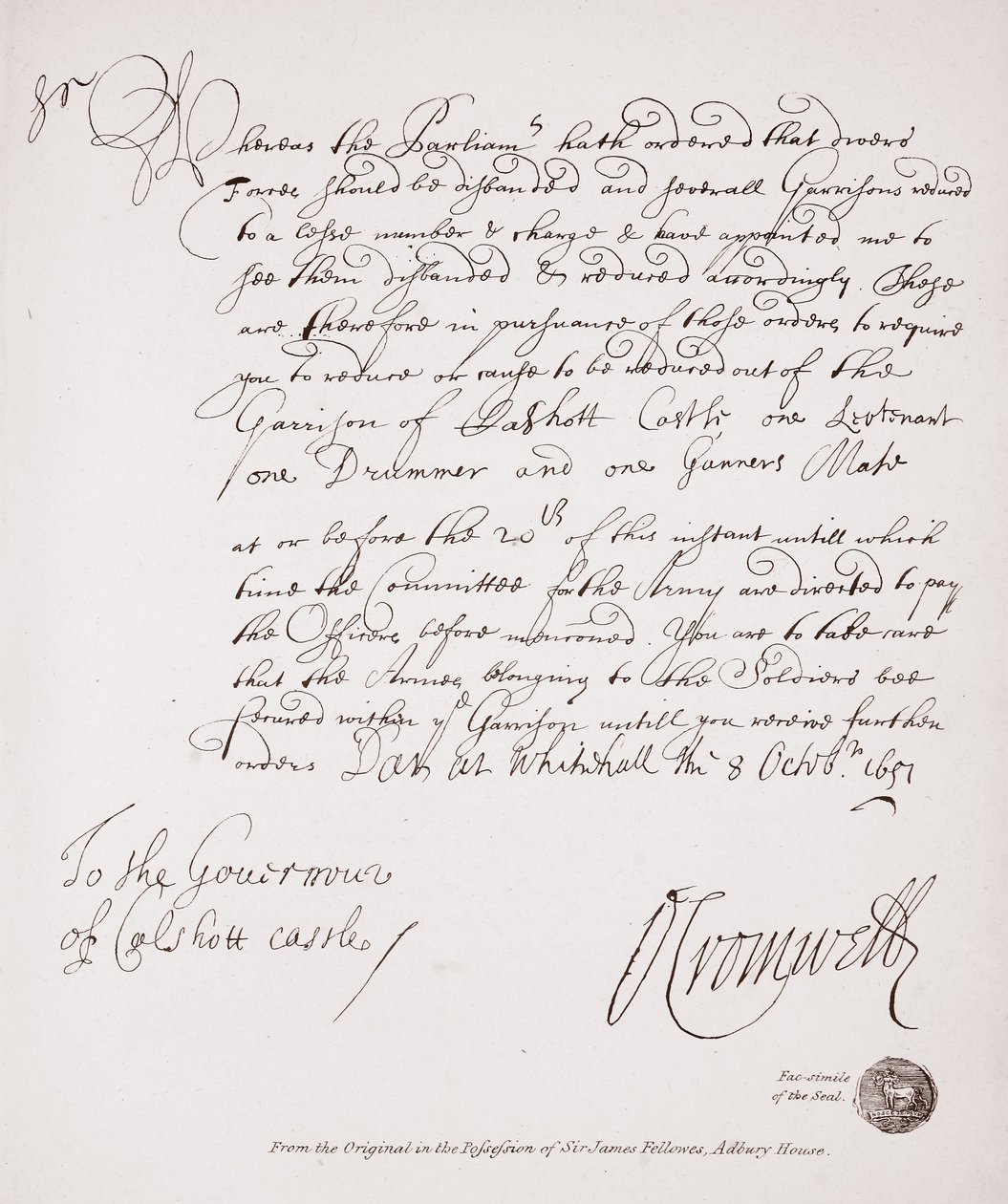 Lettera al governatore del castello di Calshott da Oliver Cromwell, 1651, facsimile dall