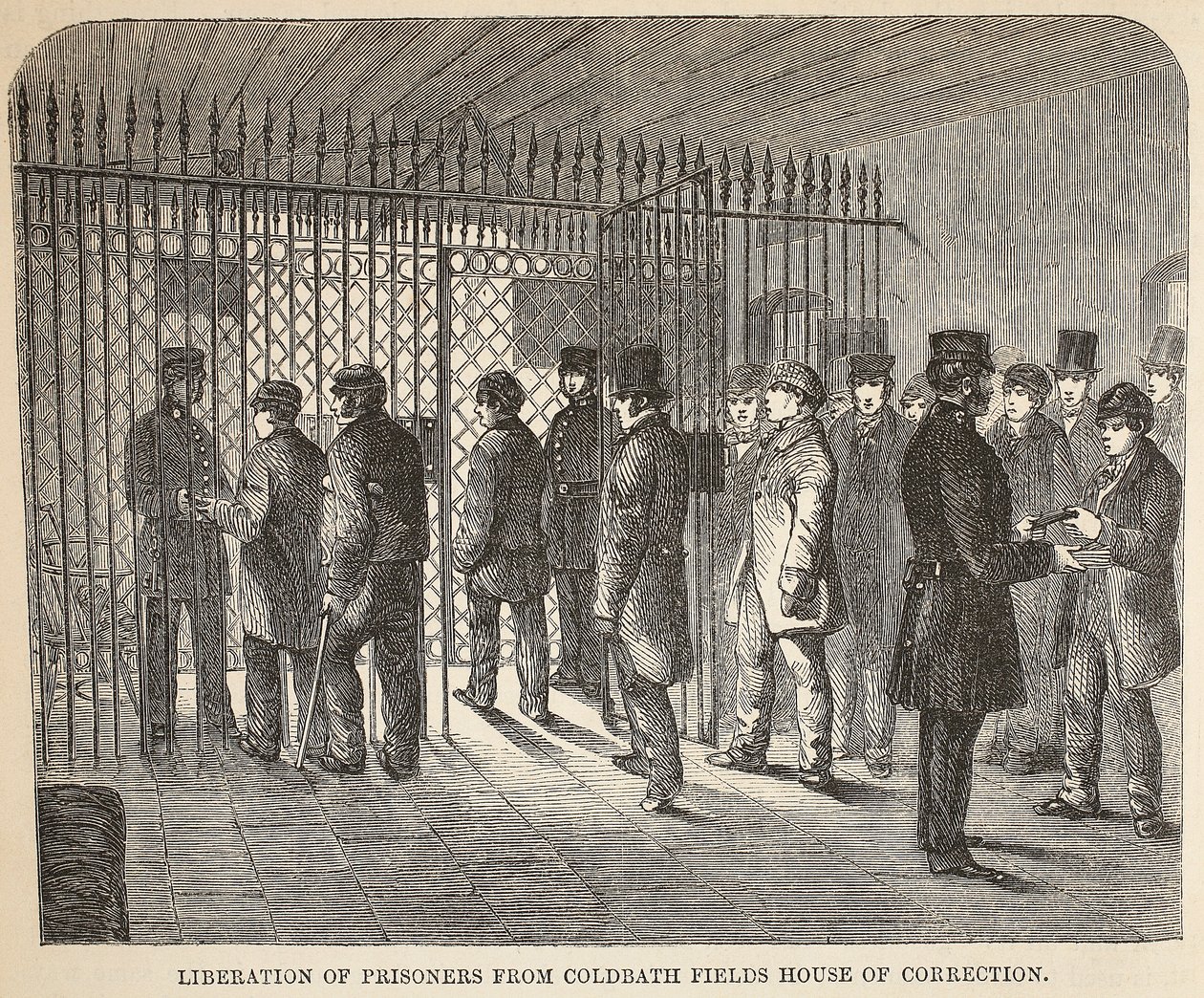 Liberazione dei prigionieri dalla Casa di Correzione di Coldbath Fields, illustrazione da Le Prigioni Criminali di Londra e Scene dalla Vita Carceraria di Henry Mayhew e John Binny, pub. 1862 da English School