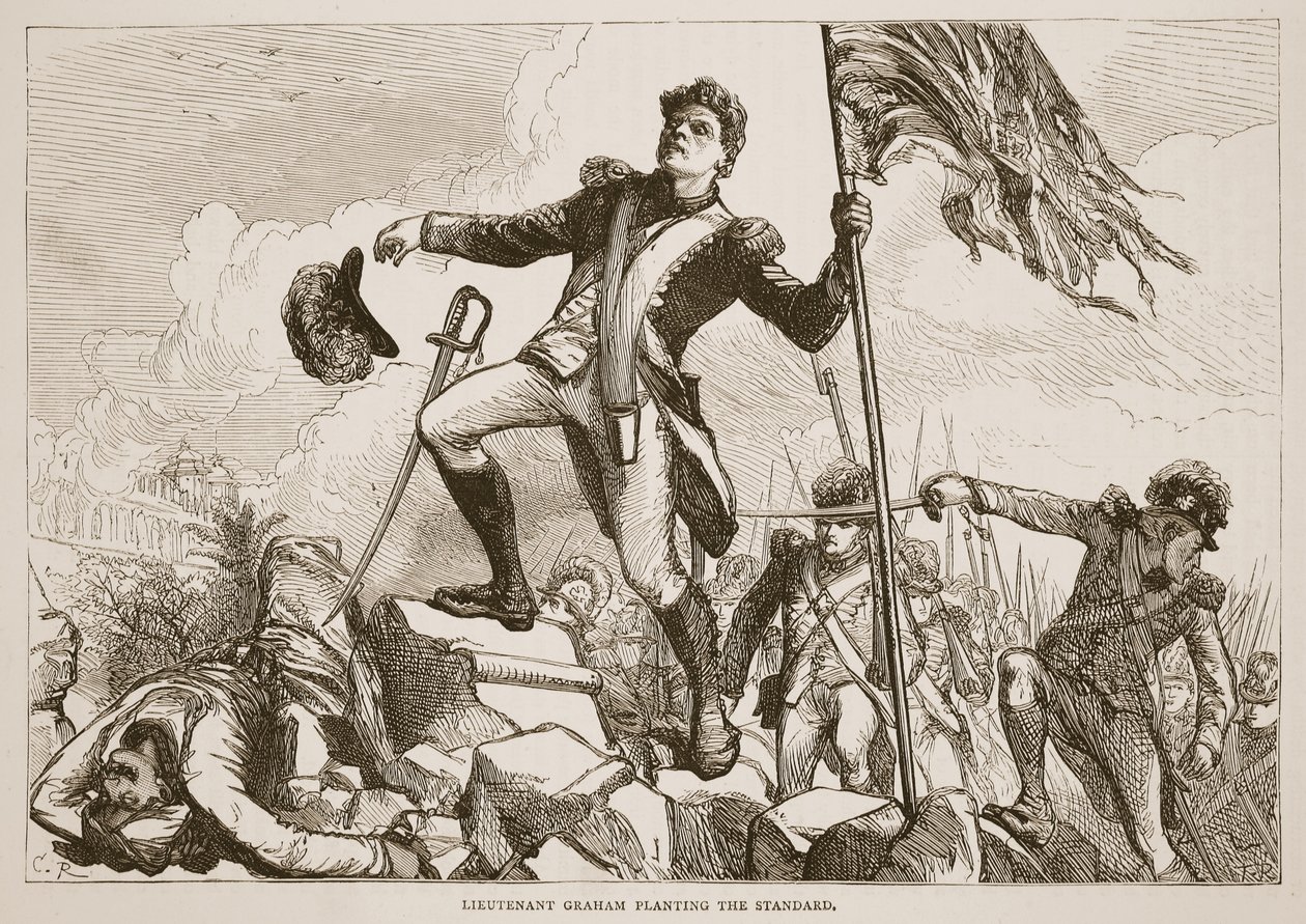Il tenente Graham che pianta lo stendardo, illustrazione da Cassells Illustrated History of India di James Grant, pub. 1879 da English School