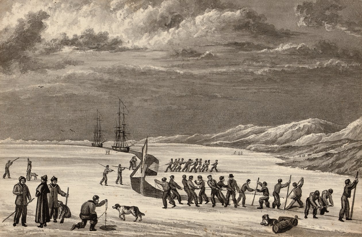 Primo viaggio del tenente William Parry: gli equipaggi della H.M.S. Hecla e della H.M.S. Griper tagliano nel porto invernale, c.1819 da English School