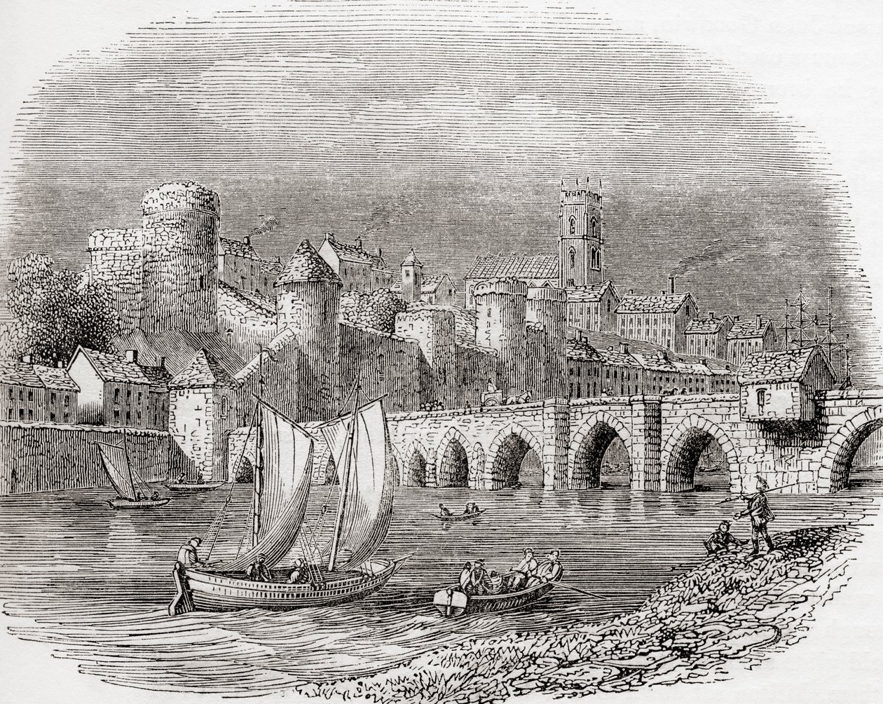 Limerick, Contea di Limerick, Irlanda, con il Castello di Re Giovanni sul fiume Shannon e il ponte Thomand, da Old England: A Pictorial Museum, pub. 1847 da English School