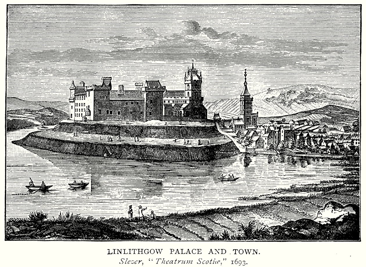 Palazzo e città di Linlithgow (incisione) da English School