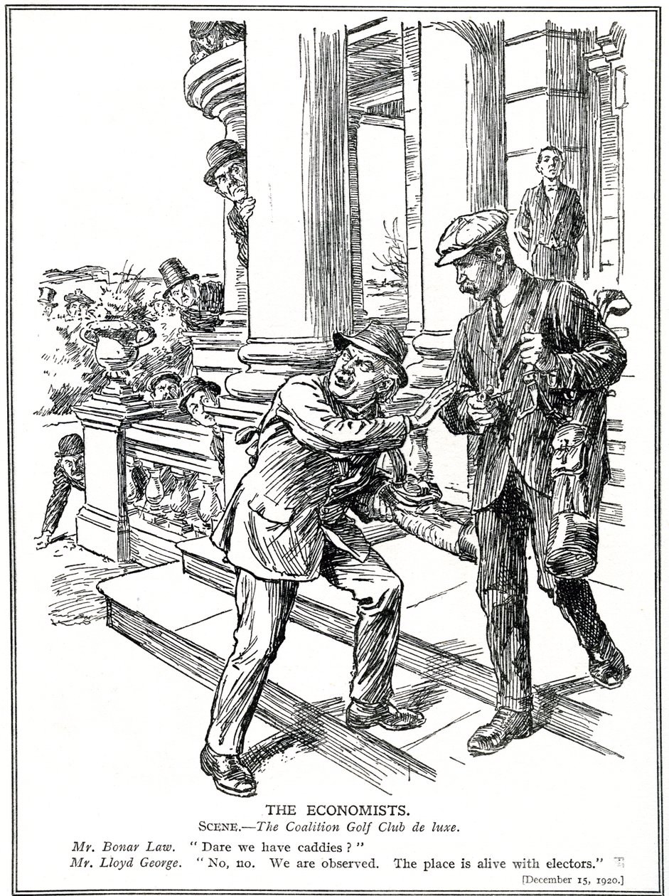 Lloyd George e Bonar Law al Coalition Golf Club, timorosi della Anti-Waste League, devono rinunciare al lusso dei caddie, dicembre 1920 da English School